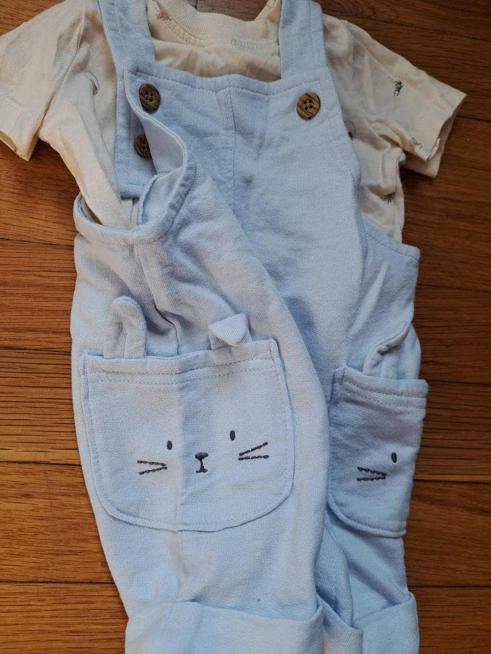 Carter's Light Blue Baby Overalls with Cat Pocket Faces